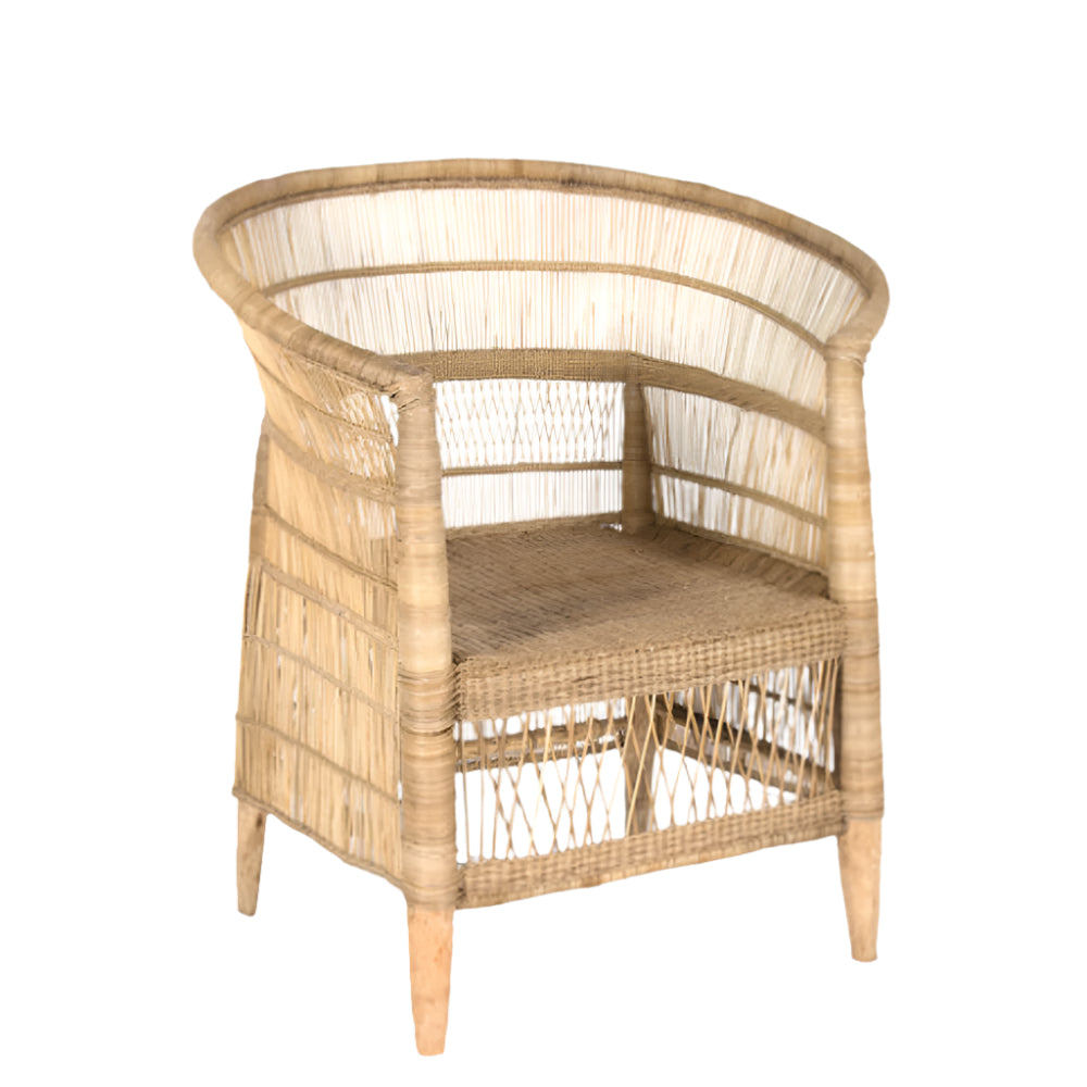 The Malawi Chair, a handwoven cane and bamboo armchair with an intricate lattice weave, curved back, and sculptural silhouette—perfect for light, relaxed interiors.