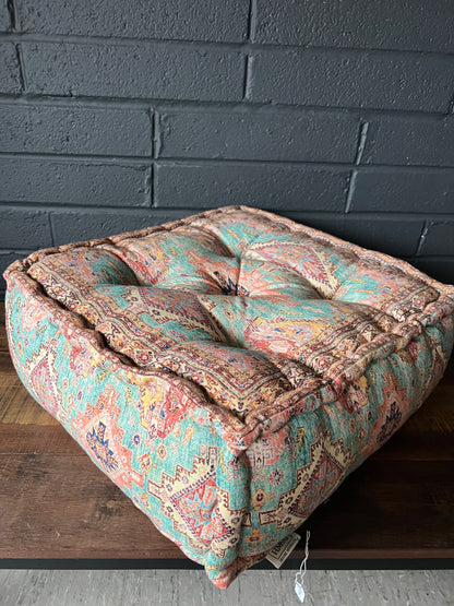 Handwoven Persian Style Square Pouffe - Aqua & Coral Cotton Footstool