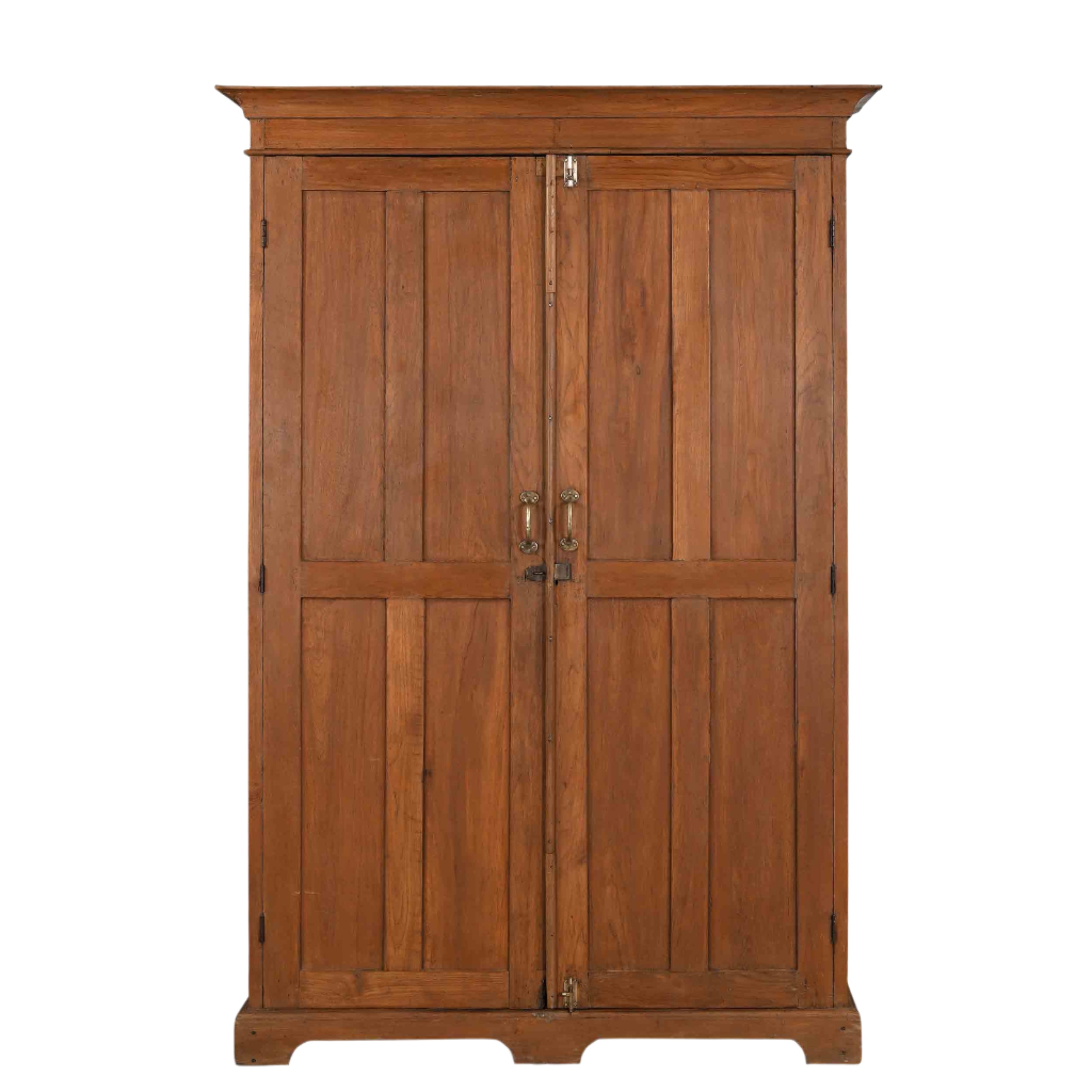 Large-scale freestanding storage cabinet with rich patina, paneled doors, and refined proportions—perfect as a linen press or dining room display.