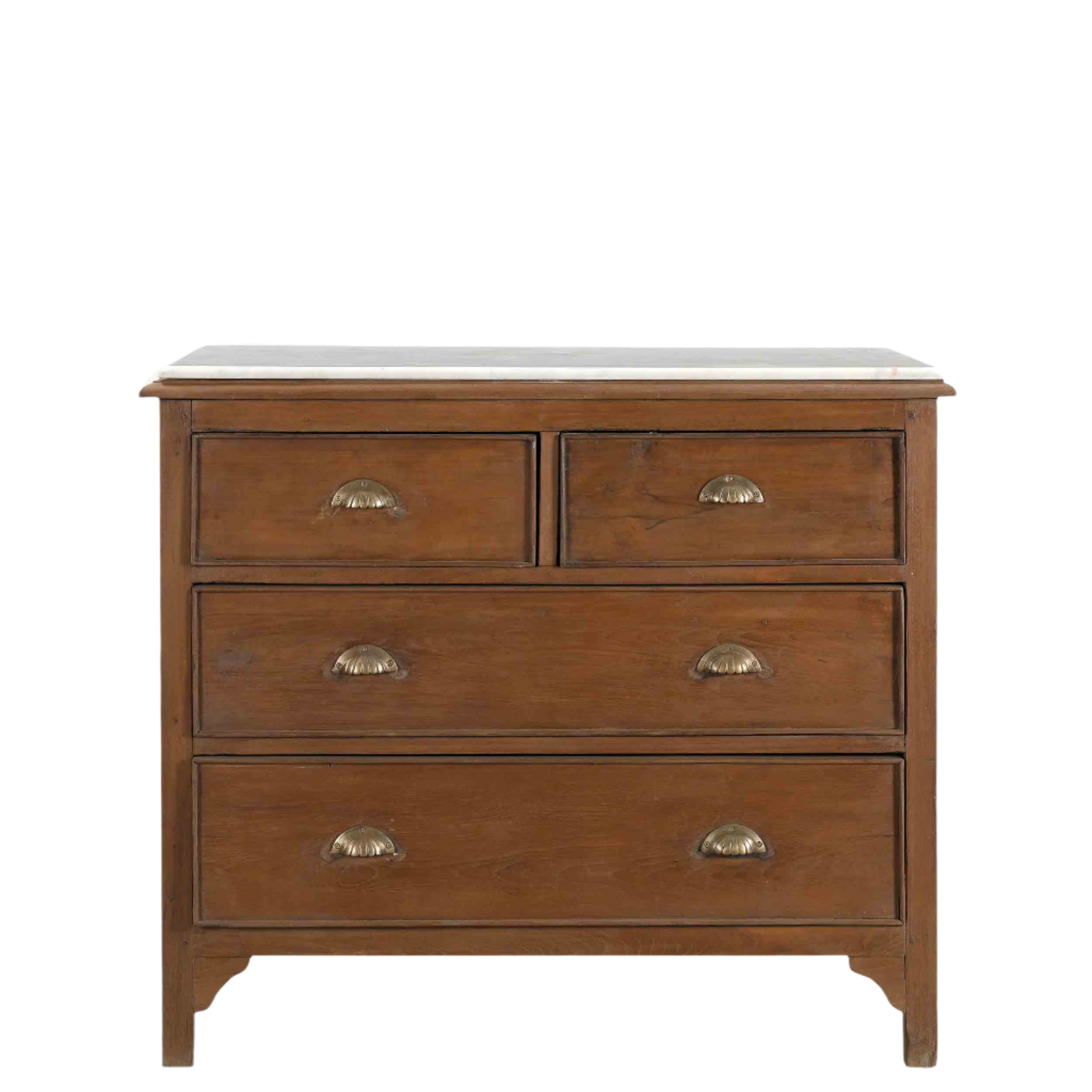 The Walsh Chest of Drawers, an early Victorian solid teak storage dresser with deep drawers, brass handles, and a Banswara marble top—crafted in the mid-1800s