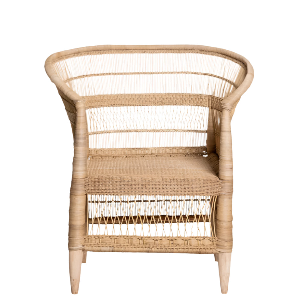 Handcrafted woven rattan chair with airy open-weave detailing, ideal as an accent chair or occasional seating in living spaces.